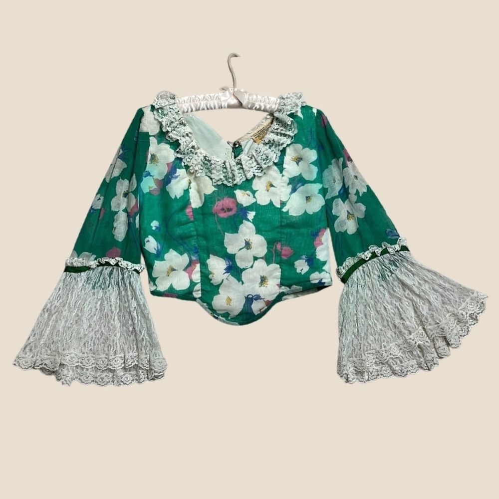 Antique 1930s Jerome H Cargill Theatrical Bodice Top Green Floral Lace Sleeves